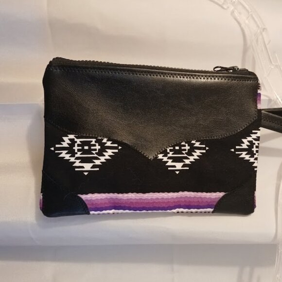 New Western theme Faux leather Clutch Wristlet Black Purple wallet envelope bag - Picture 1 of 7